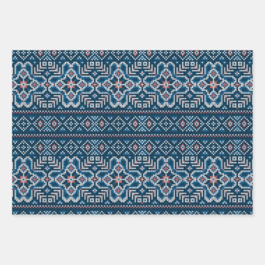 Gemütlicher skandinavischer Blue & Peach Winter Sw Geschenkpapier Set (Vorderseite)