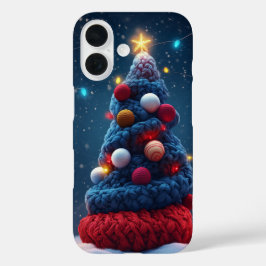 Gemütlicher Strick Weihnachtsbaum Blue Red iPhone 16 Hülle