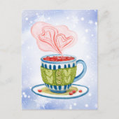 Gemütlicher Teakup und rosa Herzen Feiertagspostkarte (Vorderseite)