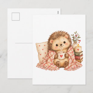 Gemütlicher Valentinstag-Igel mit heißer Schokolad Feiertagspostkarte
