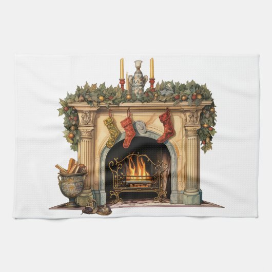 Gemütlicher Viktorianischer Kamin Weihnachten Geschirrtuch (Horizontal)