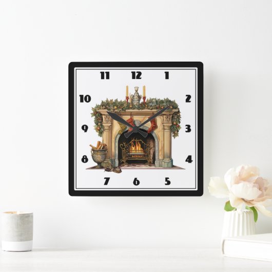 Gemütlicher Viktorianischer Kamin Weihnachten Quadratische Wanduhr (Zuhause)