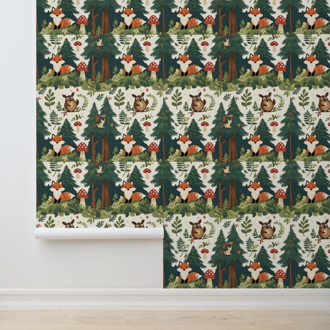 Gemütlicher Wald-Pilz und Wildlife Peel and Stick Tapete (Anwendung)