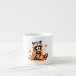 Gemütlicher Waschbär in einer Decke, der Kaffee tr Espressotasse