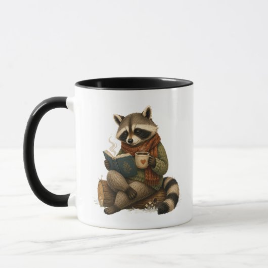 Gemütlicher Waschbär liest Buch mit Kaffeetasse (Links)