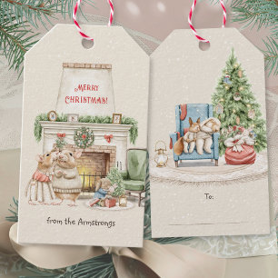 Gemütlicher Wasserfarben-Mäuse-Kamin-Weihnachten Geschenkanhänger