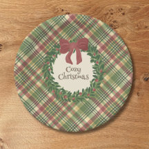 Gemütlicher Weihnachts-Karo-Papierteller mit Kranz