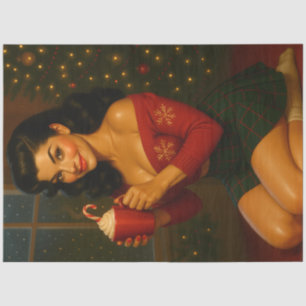 Gemütlicher Weihnachts-Pin-Up mit heißer Schokolad Seidenpapier