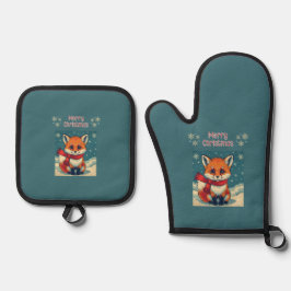 Gemütlicher Weihnachtsfuchs  Ofenhandschuh & Topflappen-Set