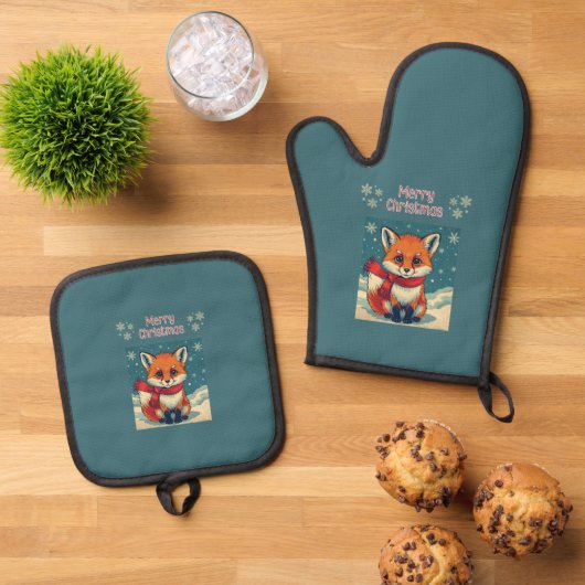 Gemütlicher Weihnachtsfuchs  Ofenhandschuh & Topflappen-Set (Oben Unten)