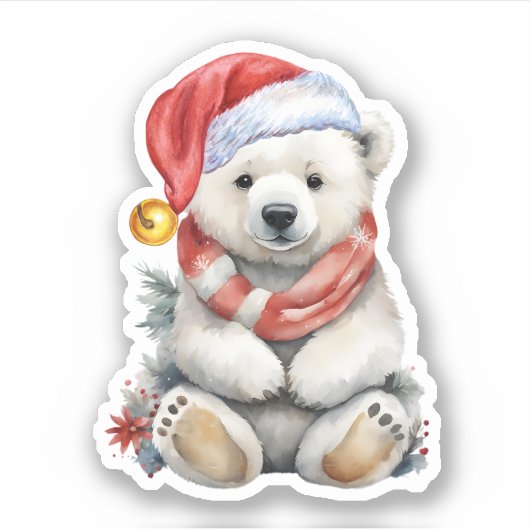 Gemütlicher WeihnachtsHat-Polar-Bär mit Red Scarf Aufkleber (Vorderseite)