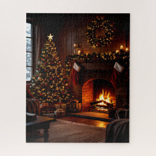 Gemütlicher Weihnachtskamin mit Strümpfen und Bäum Puzzle