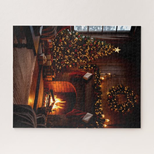 Gemütlicher Weihnachtskamin mit Strümpfen und Bäum Puzzle (Horizontal)