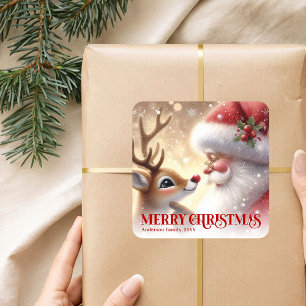 Gemütlicher Weihnachtsmann Rudolph personalisierte Quadratischer Aufkleber