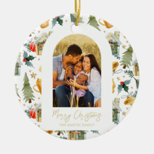 Gemütlicher Weihnachtsweiß illustrierter Druck Fot Keramik Ornament