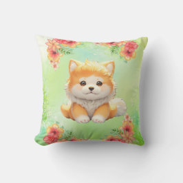 Gemütlicher Welpe mit blühenden Blume Wasserfarbe Kissen