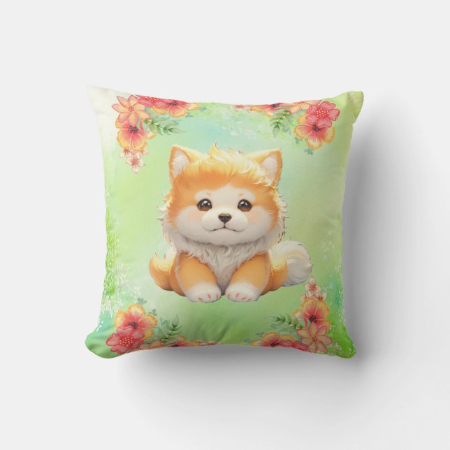 Gemütlicher Welpe mit blühenden Blume Wasserfarbe  Kissen (Vorderseite)