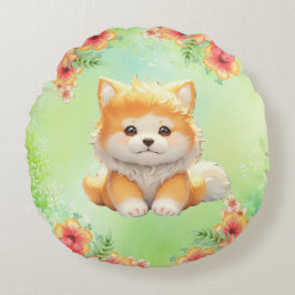 Gemütlicher Welpe mit blühenden Blume Wasserfarbe Rundes Kissen