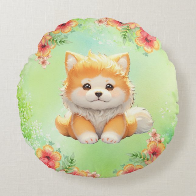 Gemütlicher Welpe mit blühenden Blume Wasserfarbe  Rundes Kissen (Vorderseite)