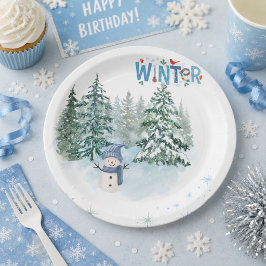 Gemütlicher Winter-Schneemann-Geburtstagspapiertel Pappteller