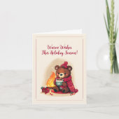 Gemütlicher Winterbär mit Kamin-Weihnachtsmann Feiertagskarte (Vorderseite)