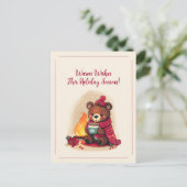 Gemütlicher Winterbär mit Kamin-Weihnachtsmann Feiertagspostkarte (Stehend Vorderseite)