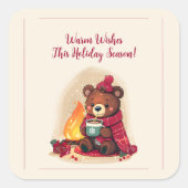 Gemütlicher Winterbär mit Kamin-Weihnachtsmann Quadratischer Aufkleber (Vorderseite)