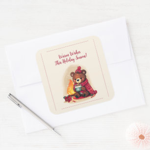 Gemütlicher Winterbär mit Kamin-Weihnachtsmann Quadratischer Aufkleber