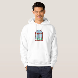 Gemütlicher Winterfensterblick auf einen schneebed Hoodie