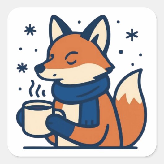 Gemütlicher Winterfuchs mit heißer Schokolade Quadratischer Aufkleber (Vorderseite)