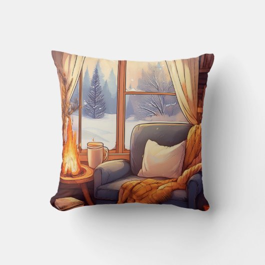 Gemütlicher Winterstuhl am Kamin, warme Winterland Kissen (Vorderseite)