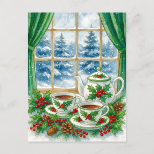 Gemütlicher Wintertee am Fenster Postkarte