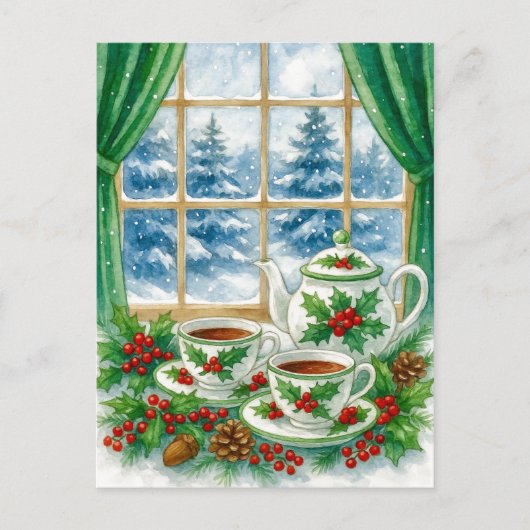 Gemütlicher Wintertee am Fenster Postkarte (Vorderseite)