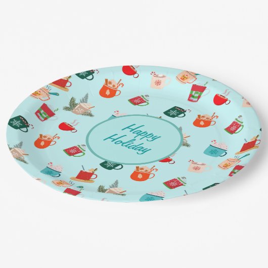 Gemütlicher Winterurlaub mit warmen Schokoladen-Fe Pappteller (Schrägansicht)