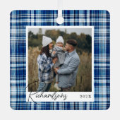 Gemütliches Blau und Karierte weiße Stoffe Foto Ornament Aus Metall (Vorderseite)