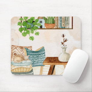 Gemütliches Bohemian-Wohnzimmer-Wasserfarbenkunst Mousepad