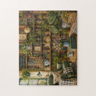 Gemütliches botanisches Buchladen-Katzenpuzzle W Puzzle