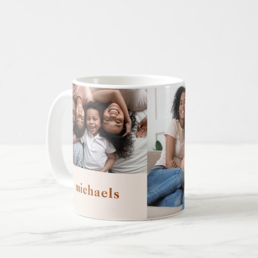 Gemütliches Burnt Orange Zwei Fotos mit Name Kaffeetasse (Vorderseite Links)