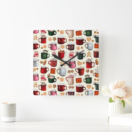 Gemütliches Cabin Hot Cocoa und Winter Leckereien Quadratische Wanduhr (Zuhause)