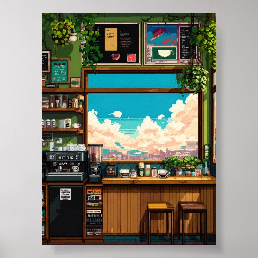 Gemütliches Café-Fenster Pixelkunst Poster (Vorne)