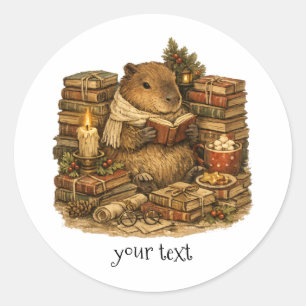 Gemütliches Capybara beim Bücherlesen Weihnachtsge Runder Aufkleber