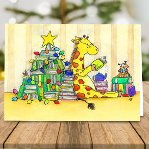 Gemütliches Cartoon Bookmas-Giraffe Weihnachten Karte