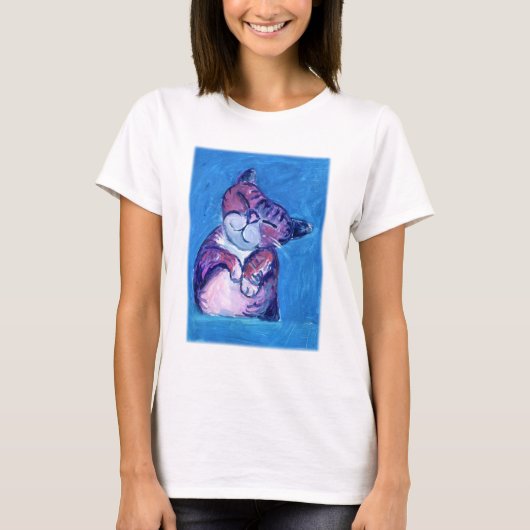 Gemütliches Cat Painting Niedlich Feline on Blue T-Shirt (Vorderseite)