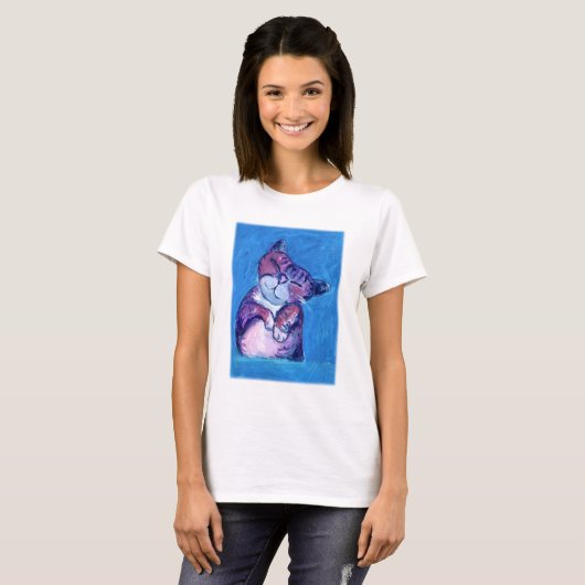 Gemütliches Cat Painting Niedlich Feline on Blue T-Shirt (Vorne ganz)