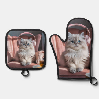 Gemütliches Cat Vibes - Niedlich persische Katze M Ofenhandschuh & Topflappen-Set