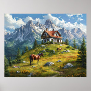 Gemütliches Cottage in einer alpinen Wiese mit Pfe Poster
