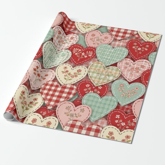 Gemütliches Cottage-Patchwork-Herz-Karodesign Geschenkpapier (Ungerollt)