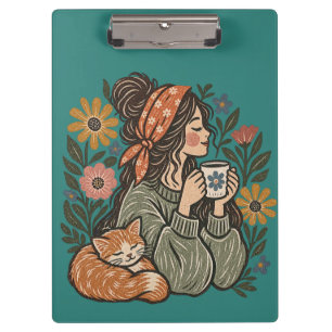 Gemütliches Cottagecore-Katze- und Kaffee-Cut Büro Klemmbrett