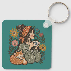 Gemütliches Cottagecore-Katze- und Kaffee-Cute-Acr Schlüsselanhänger