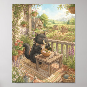 Gemütliches Cottagecore-Schwarzkatze-Ramen-Schlürf Poster